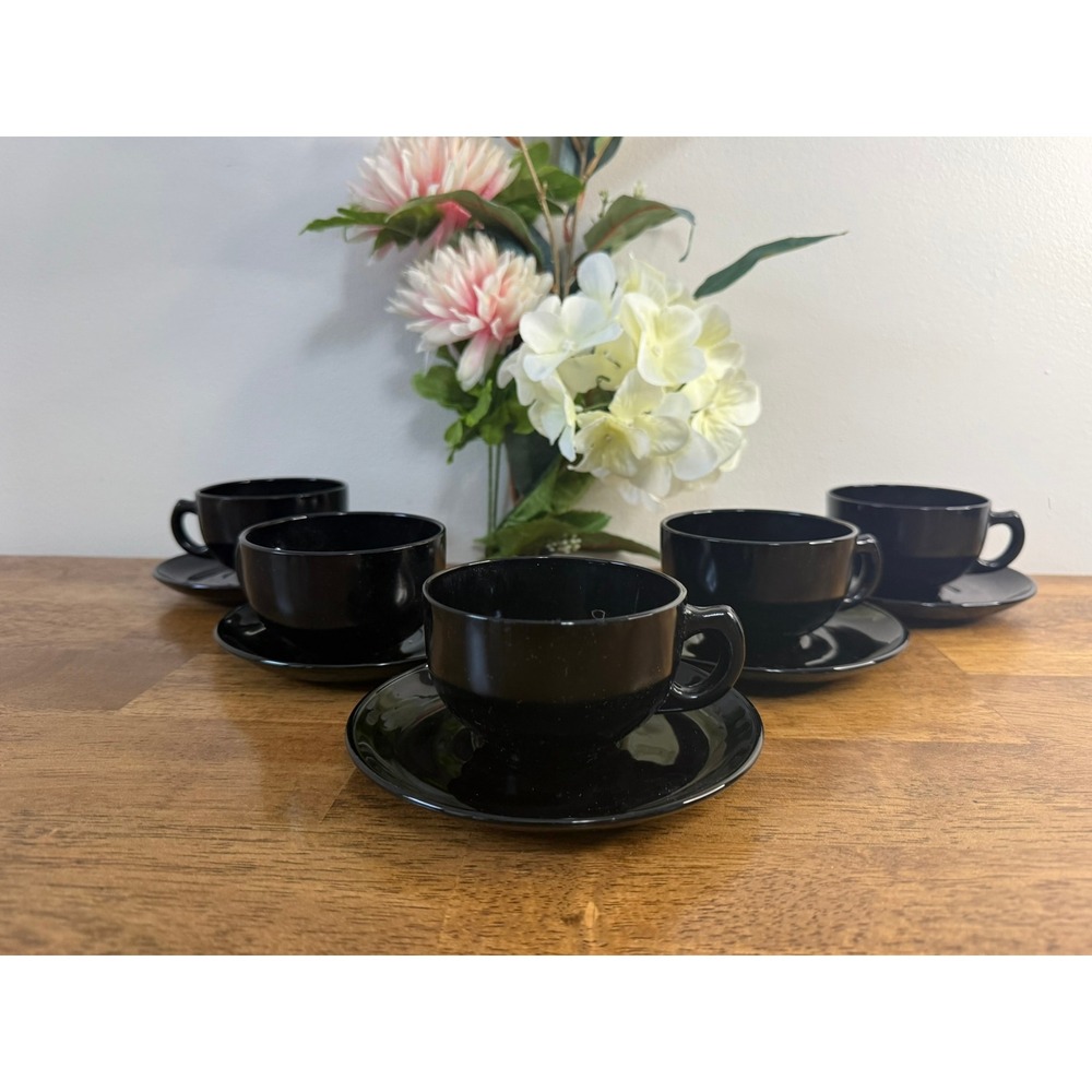 L.E. Smith Mt Pleasant Black Amethyst Cups Saucers Set of 5 Art Deco